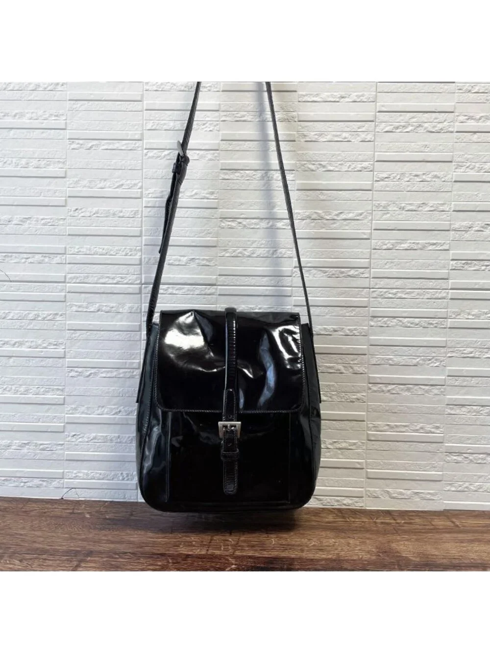 Prada Logo Enamel Patent Leather Shoulder Bag Dark Brown